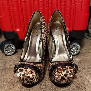 Qupid Leopard Print Heels with Black Accents